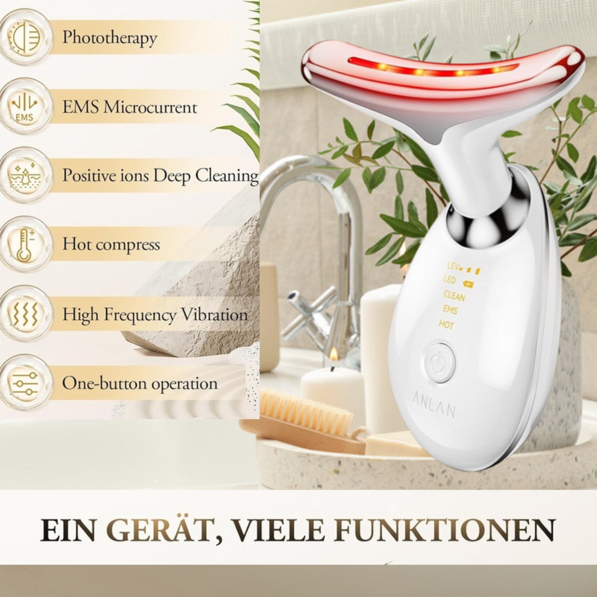 Gesichtsmassagegerät Gegen Falten,Anlan Gesicht Schönheit Gerät Mit 3 Modi,45℃ V Face Beauty Meter Gesichtsgerät Für Hautstraffung & Lifting EMS Gesichtsmassage Für Damen Herren V Shape Face Gerät